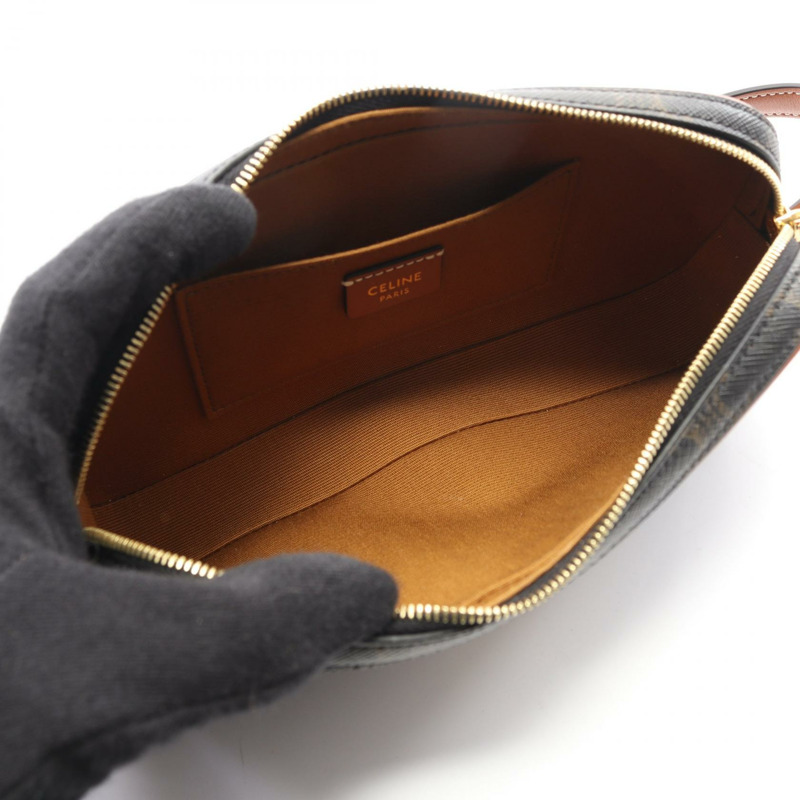 CELINE Cuir Triomphe 迷你相機單肩包，帆布皮革，黑色/棕色，二手-2