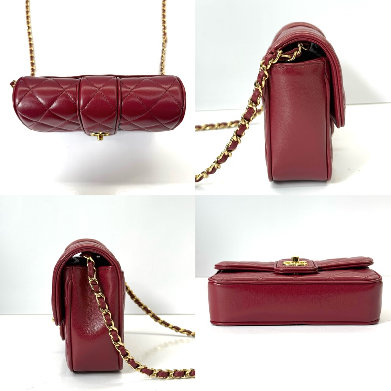 CHANEL 香奈兒 酒紅色菱格紋羊皮WOC斜背包 MATELASSE ON CHAIN 17CM-3
