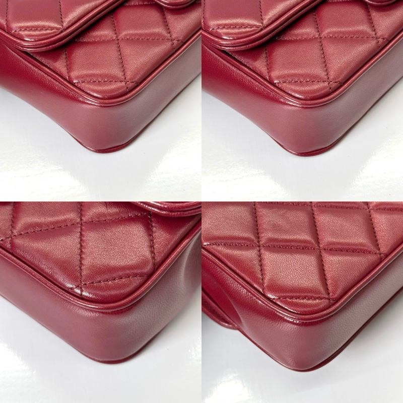CHANEL 香奈兒 酒紅色菱格紋羊皮WOC斜背包 MATELASSE ON CHAIN 17CM-4