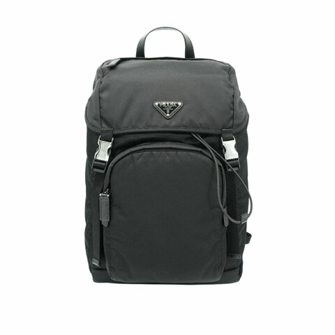 Prada Saffiano 再生尼龍銀三角logo雙扣後背包(2VZ135-黑)