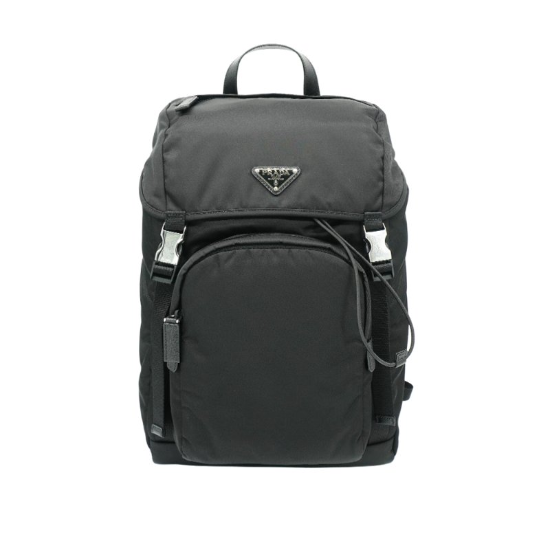 Prada Saffiano 再生尼龍銀三角logo雙扣後背包(2VZ135-黑)-0