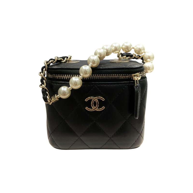 CHANEL 香奈兒 MINI VANITY 迷你珍珠鏈條化妝箱包 皮革 黑色 淺金釦-0