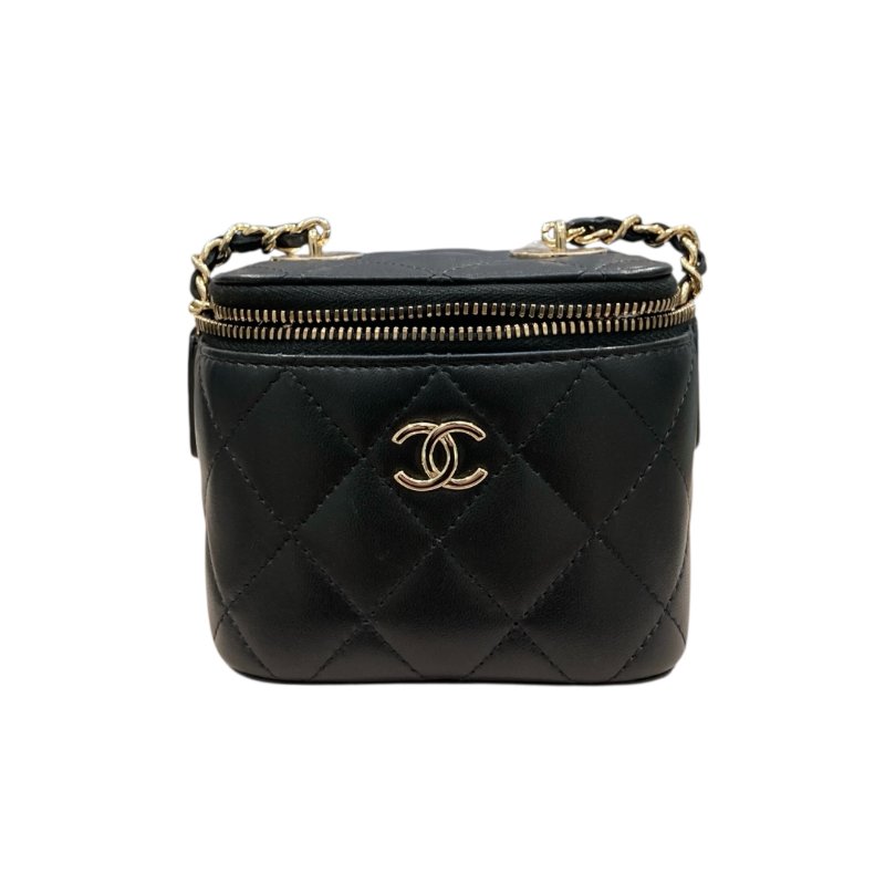 CHANEL 香奈兒 MINI VANITY 迷你珍珠鏈條化妝箱包 皮革 黑色 淺金釦-1