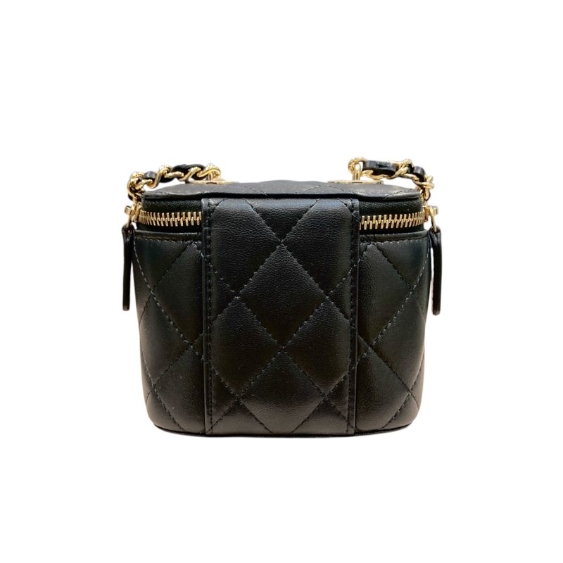 CHANEL 香奈兒 MINI VANITY 迷你珍珠鏈條化妝箱包 皮革 黑色 淺金釦-2