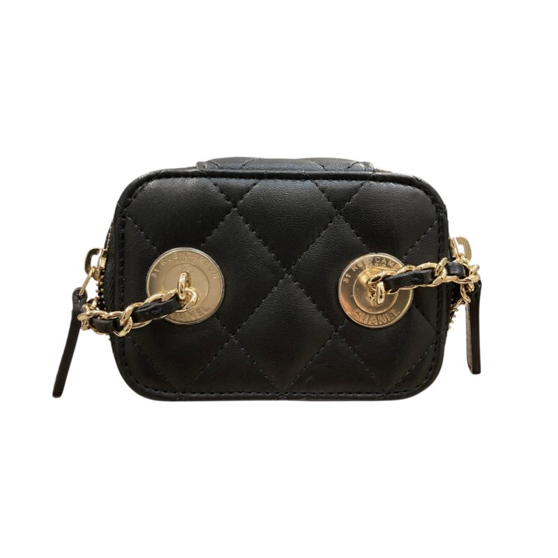 CHANEL 香奈兒 MINI VANITY 迷你珍珠鏈條化妝箱包 皮革 黑色 淺金釦-6