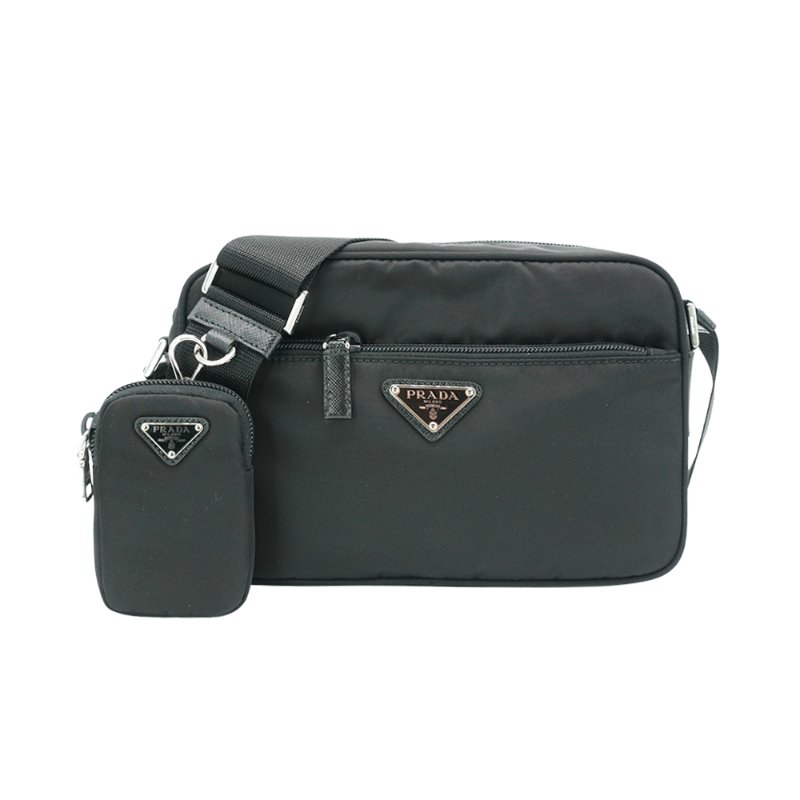 Prada Saffiano 再生尼龍銀三角logo二合一拉鍊斜背包(1BC167-黑)-0