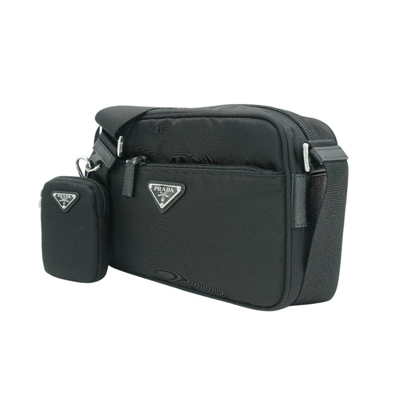 Prada Saffiano 再生尼龍銀三角logo二合一拉鍊斜背包(1BC167-黑)-1
