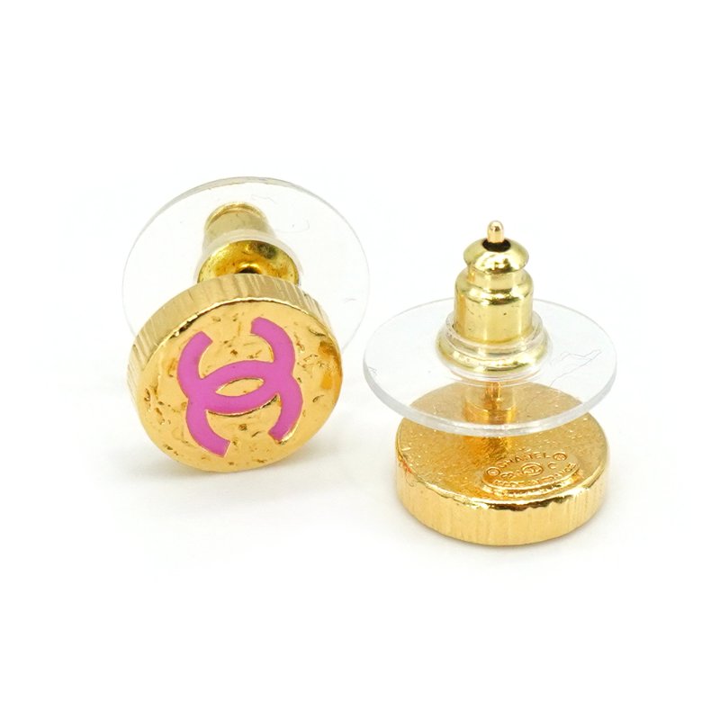 Chanel 雙C金圓餅針式耳環(ABC829-粉)-4