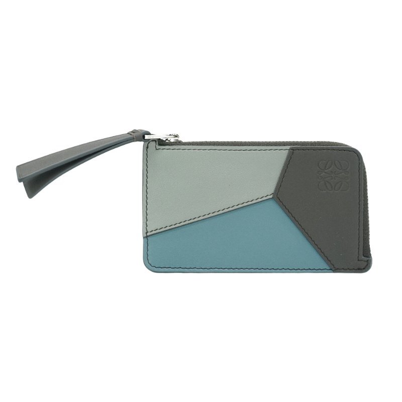 Loewe Puzzle 拚色牛皮拉鍊卡包(灰藍)-0