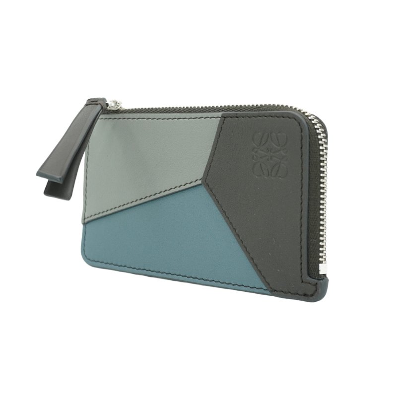 Loewe Puzzle 拚色牛皮拉鍊卡包(灰藍)-1