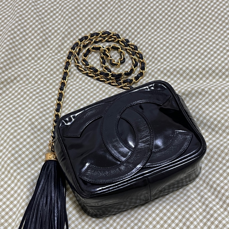 香奈兒 CHANEL Vintage 迷你漆皮流蘇黑色斜背包 中古包 金鏈-0