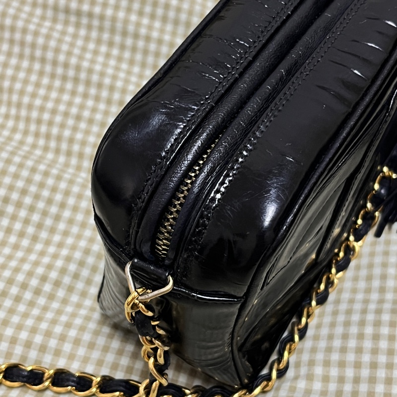 香奈兒 CHANEL Vintage 迷你漆皮流蘇黑色斜背包 中古包 金鏈-7