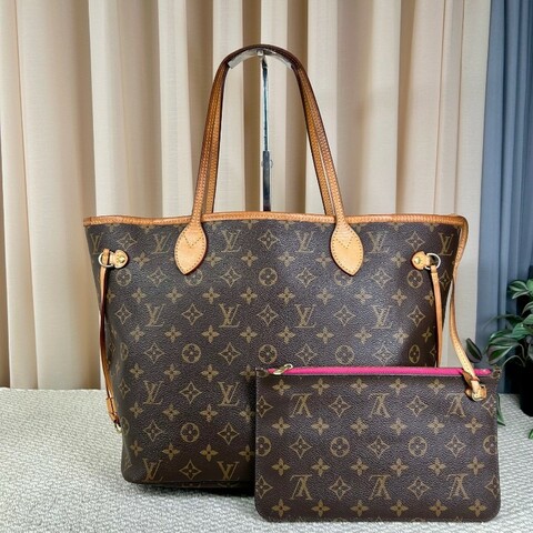 LV路易威登 Neverfull購物袋托特包子母包 經典老花滿印配玫紅色內裡 超大容量 日常實用百搭