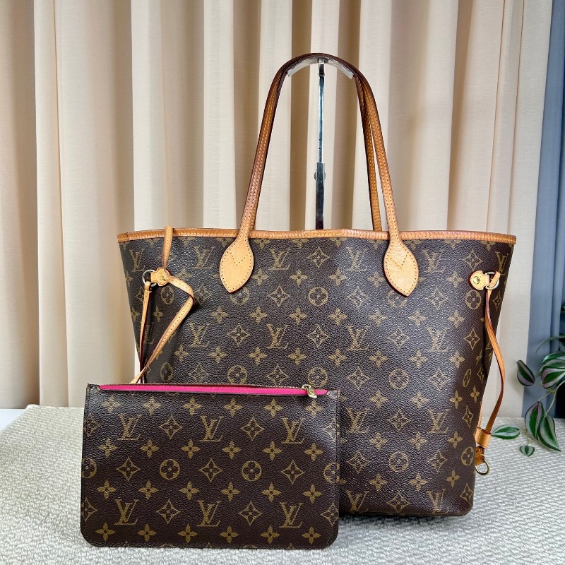 LV路易威登 Neverfull購物袋托特包子母包 經典老花滿印配玫紅色內裡 超大容量 日常實用百搭-1