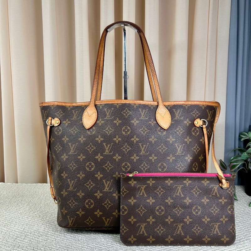 LV路易威登 Neverfull購物袋托特包子母包 經典老花滿印配玫紅色內裡 超大容量 日常實用百搭-5