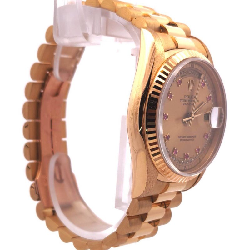 ＊奢華大道國際精品＊【W0648】ROLEX 18K黃金/紅寶石多層鑽面 DAY-DATE 18238 自動上鍊腕表 36MM-6