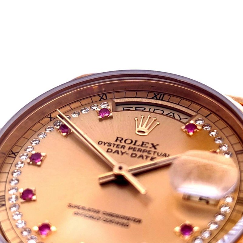 ＊奢華大道國際精品＊【W0648】ROLEX 18K黃金/紅寶石多層鑽面 DAY-DATE 18238 自動上鍊腕表 36MM-7
