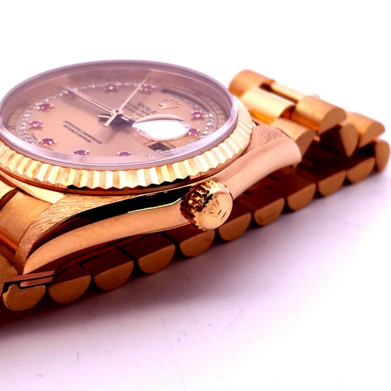 ＊奢華大道國際精品＊【W0648】ROLEX 18K黃金/紅寶石多層鑽面 DAY-DATE 18238 自動上鍊腕表 36MM-17