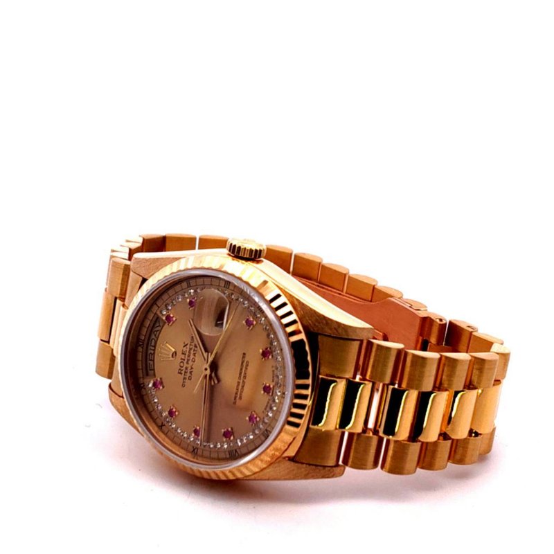 ＊奢華大道國際精品＊【W0648】ROLEX 18K黃金/紅寶石多層鑽面 DAY-DATE 18238 自動上鍊腕表 36MM-18