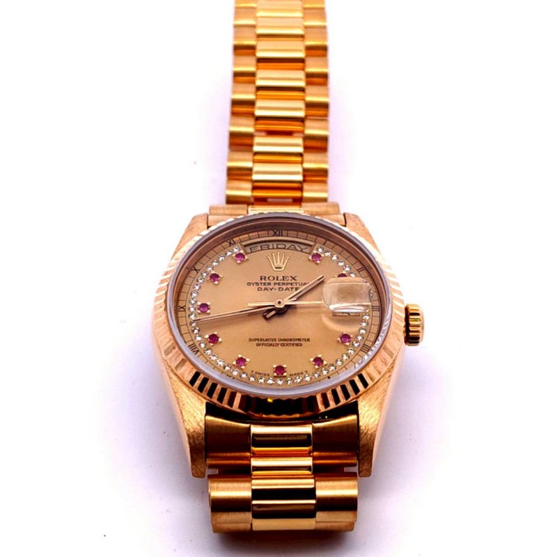 ＊奢華大道國際精品＊【W0648】ROLEX 18K黃金/紅寶石多層鑽面 DAY-DATE 18238 自動上鍊腕表 36MM-19