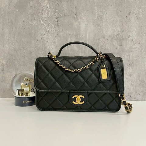Chanel 22k 軍牌手柄郵差包 晶片款 黑金荔枝牛皮 全配