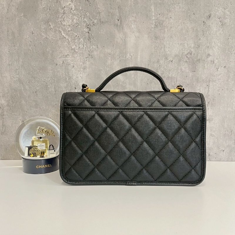 Chanel 22k 軍牌手柄郵差包 晶片款 黑金荔枝牛皮 全配-1