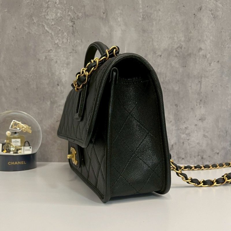 Chanel 22k 軍牌手柄郵差包 晶片款 黑金荔枝牛皮 全配-3