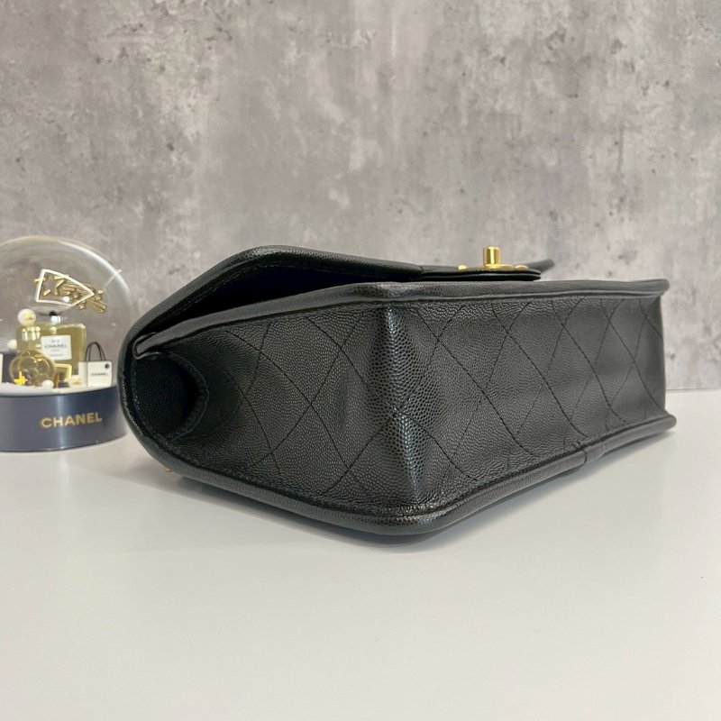 Chanel 22k 軍牌手柄郵差包 晶片款 黑金荔枝牛皮 全配-4