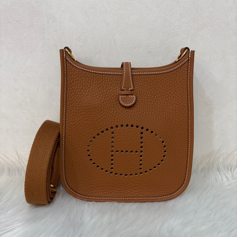 HERMES MINI EVELYNE 16 TC荔枝皮 37 金棕金 金釦 肩背包 斜背包-0