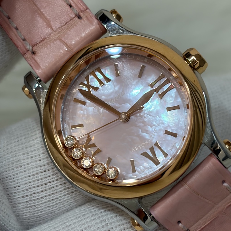 Chopard 278573-6011 蕭邦 Happy Sport 粉鱷魚皮 自動機械錶 鑽錶-3