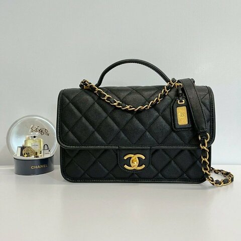 Chanel 22k 軍牌手柄郵差包 晶片款 黑金荔枝牛皮 全配