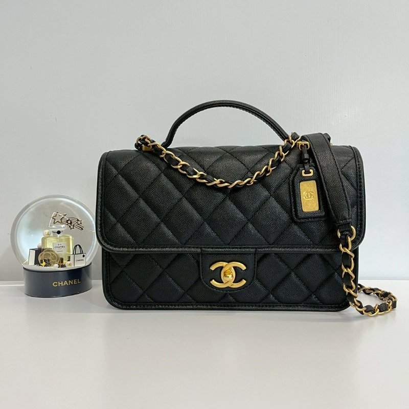 Chanel 22k 軍牌手柄郵差包 晶片款 黑金荔枝牛皮 全配-0