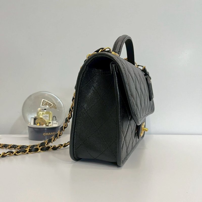 Chanel 22k 軍牌手柄郵差包 晶片款 黑金荔枝牛皮 全配-3