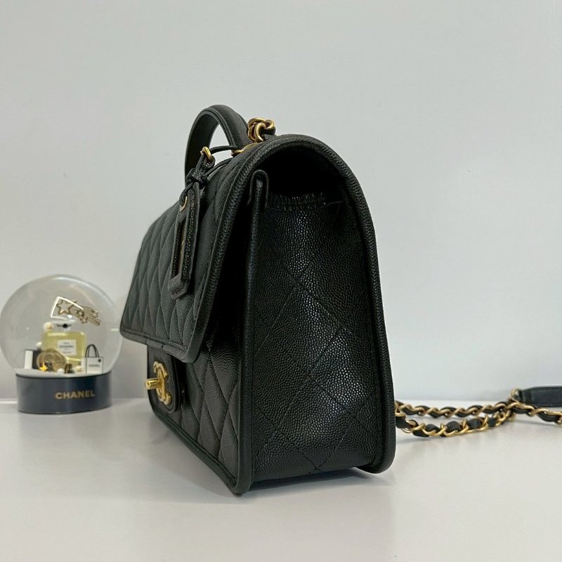 Chanel 22k 軍牌手柄郵差包 晶片款 黑金荔枝牛皮 全配-4