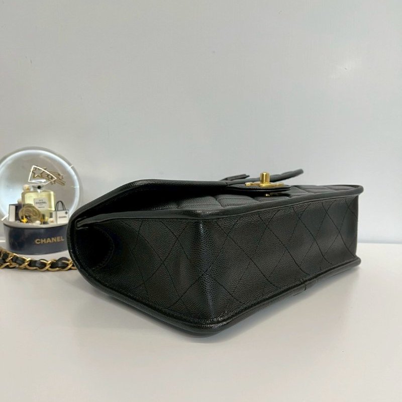 Chanel 22k 軍牌手柄郵差包 晶片款 黑金荔枝牛皮 全配-5