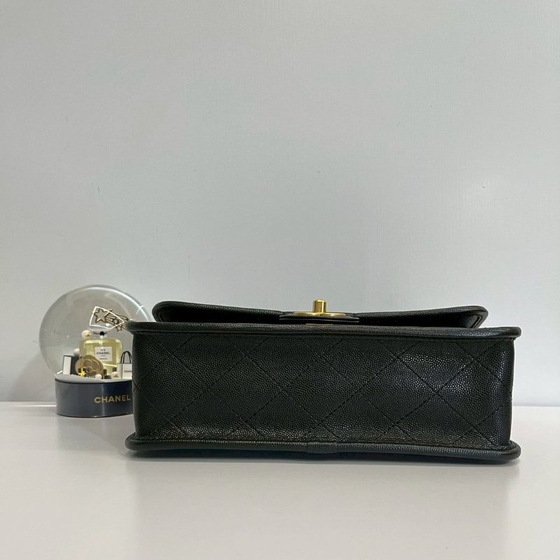 Chanel 22k 軍牌手柄郵差包 晶片款 黑金荔枝牛皮 全配-7