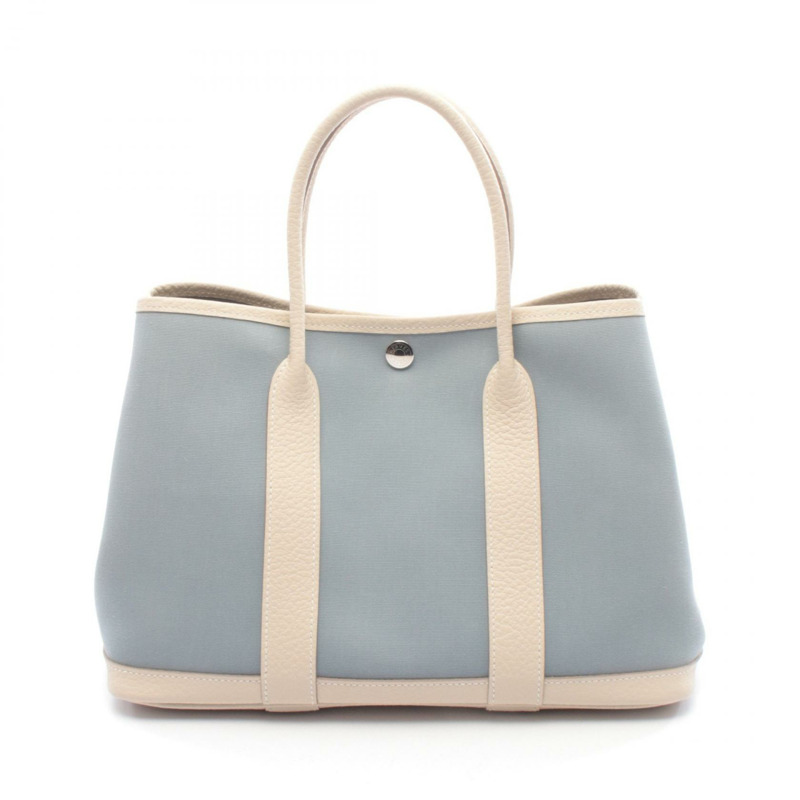 愛馬仕花園派對TPM托特包，帆布皮革材質，藍色米色，二手。-0
