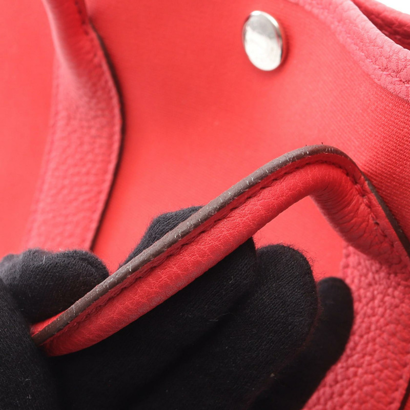 愛馬仕花園派對TPM手提包，Negonda皮革，Toile officier帆布，紅色，二手-10