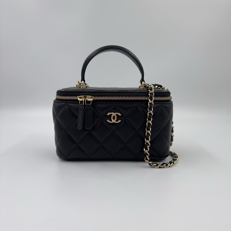 Chanel黑金羊皮菱格手提長盒子皮穿鍊斜背化妝箱AP2199-2