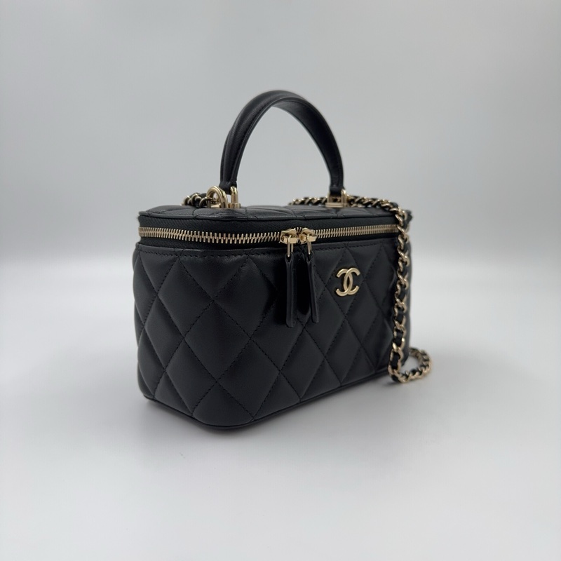 Chanel黑金羊皮菱格手提長盒子皮穿鍊斜背化妝箱AP2199-3