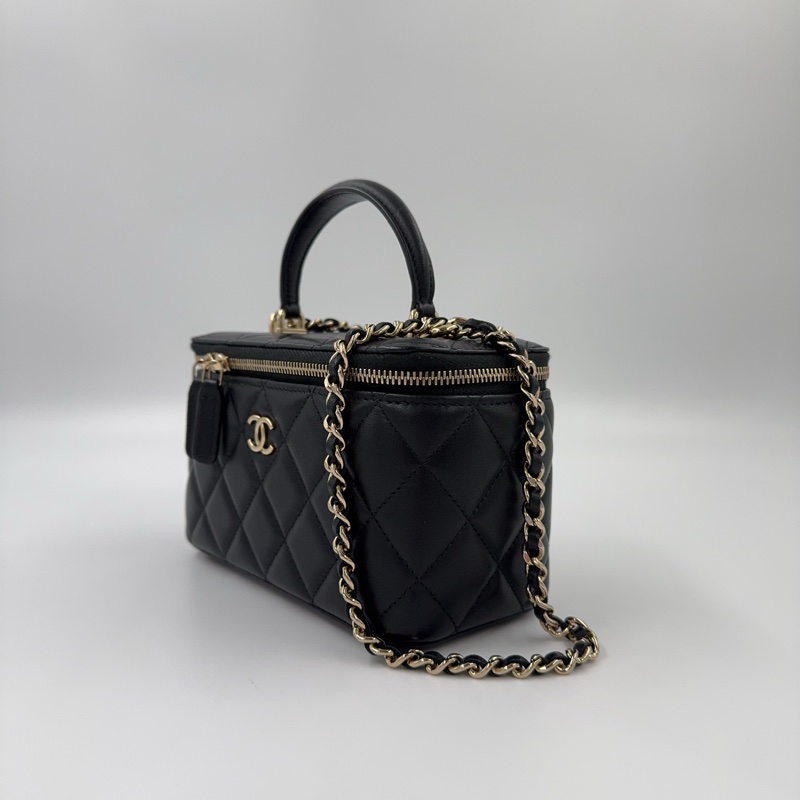 Chanel黑金羊皮菱格手提長盒子皮穿鍊斜背化妝箱AP2199-4