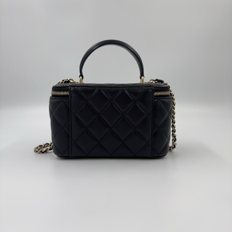 Chanel黑金羊皮菱格手提長盒子皮穿鍊斜背化妝箱AP2199-5