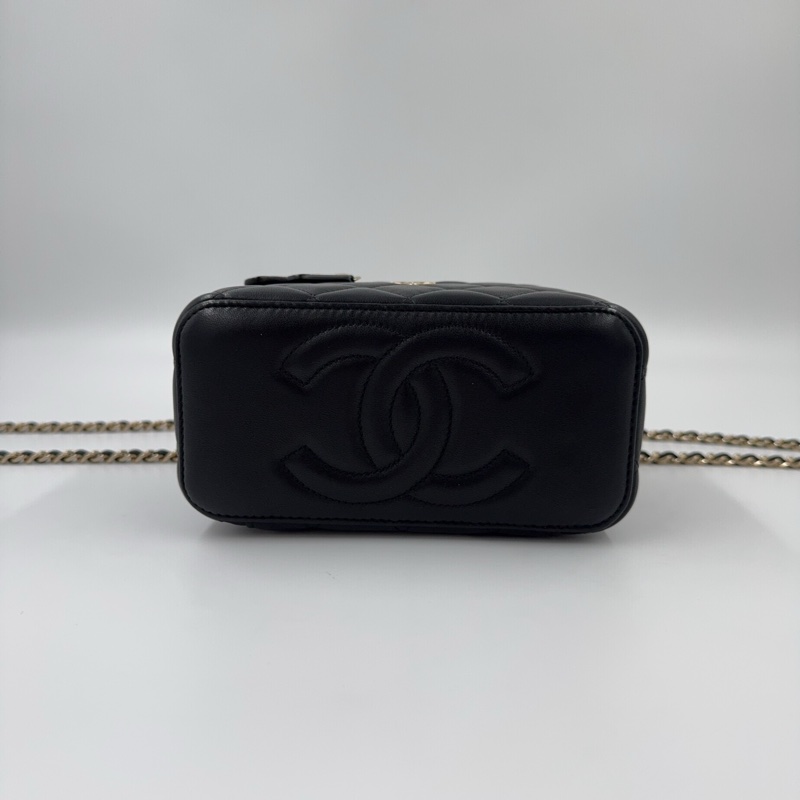 Chanel黑金羊皮菱格手提長盒子皮穿鍊斜背化妝箱AP2199-6