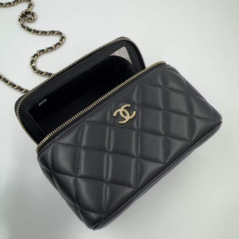 Chanel黑金羊皮菱格手提長盒子皮穿鍊斜背化妝箱AP2199-8