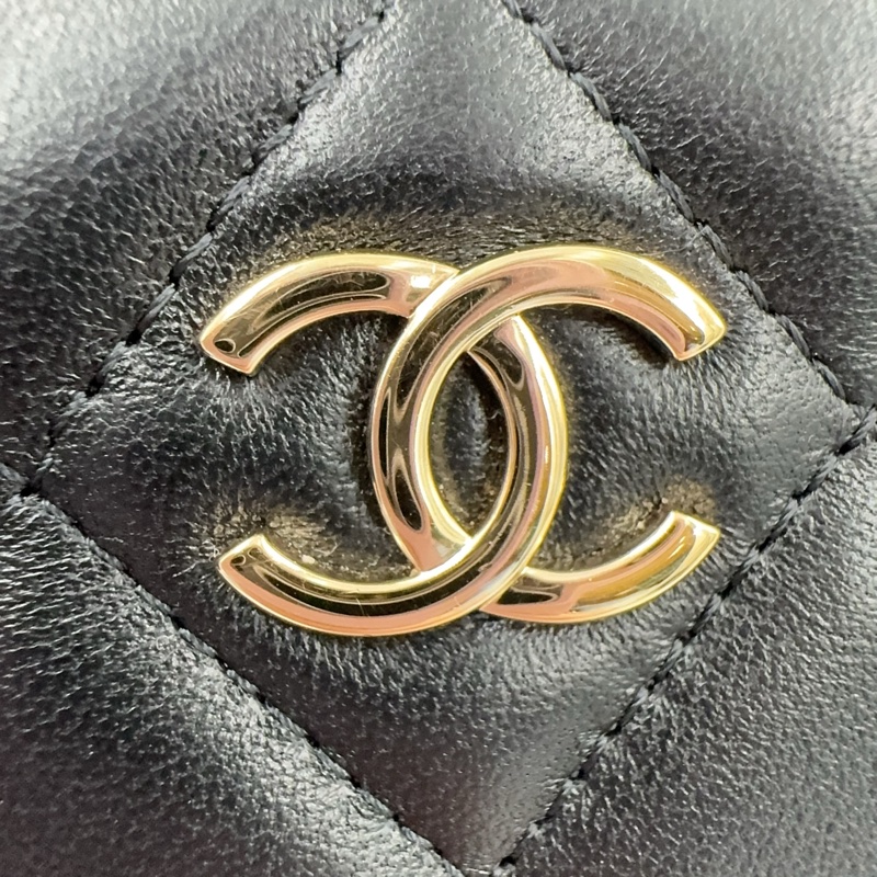 Chanel黑金羊皮菱格手提長盒子皮穿鍊斜背化妝箱AP2199-14