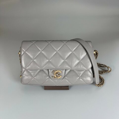 CHANEL CF灰珍珠季節款側肩包 AS2563/晶片款