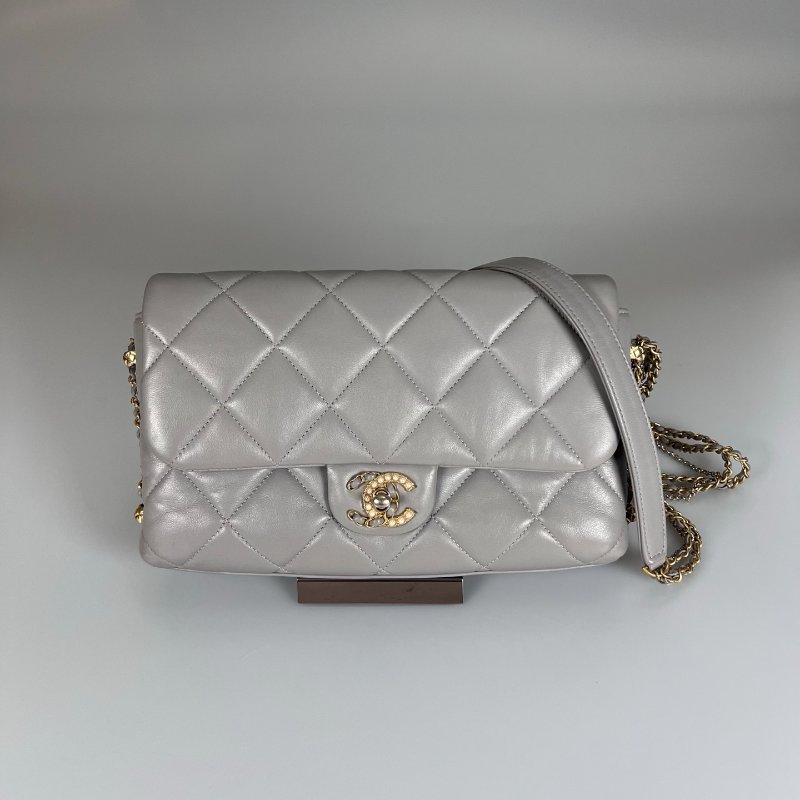 CHANEL CF灰珍珠季節款側肩包 AS2563/晶片款-0