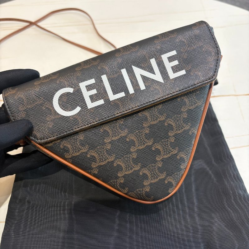 *SHIHNA名牌精品* CELINE 帆布小牛皮飾邊釦式三角斜背包-0