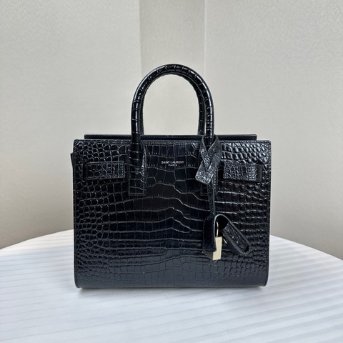 聖羅蘭/Saint laurent Sac De Jour 銀扣黑色鱷魚壓紋牛皮風琴包22x11x18xm