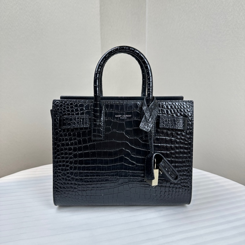 聖羅蘭/Saint laurent Sac De Jour 銀扣黑色鱷魚壓紋牛皮風琴包22x11x18xm-0